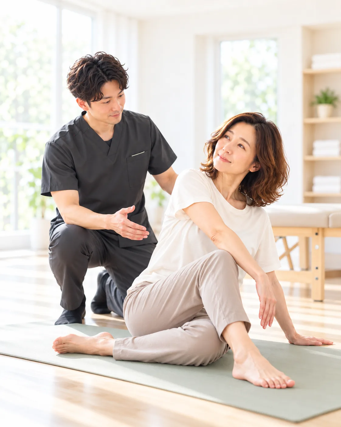 佐久市の整体院永華で、院長の案内を受けながらストレッチをする女性